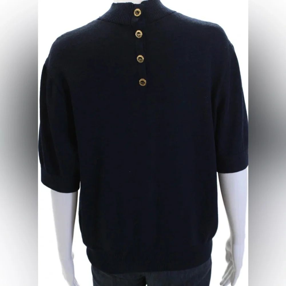 St. John Navy Mock Neck Back Button Knit Short Sleeve Top - Sz M EUC